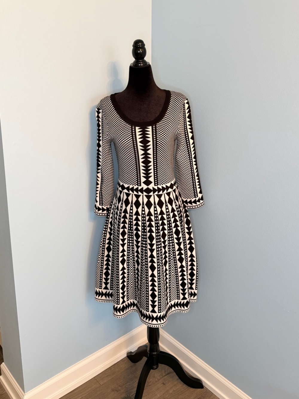 Nina Leonard Black and White Geometric Fit-and-Flare Dress